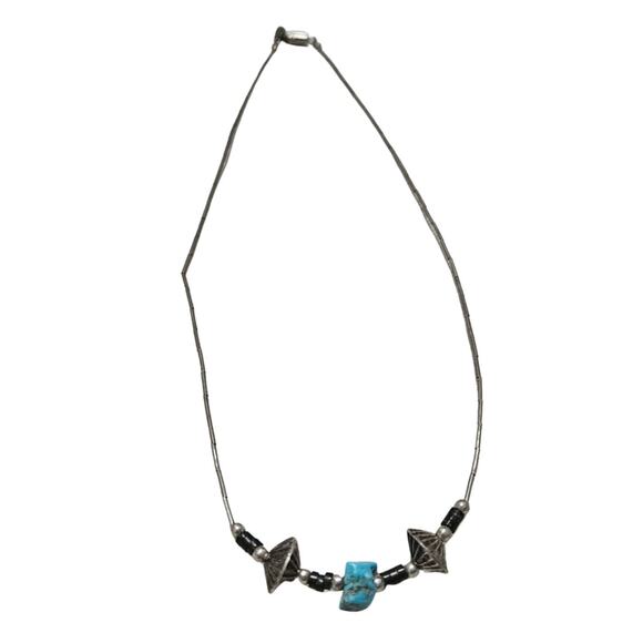 1970s Sterling Silver Liquid Beads Uncut Turquoise Black Stone Necklace - Picture 1 of 4